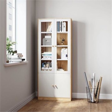 [hoi!]林氏木業北歐簡約玻璃四門書櫃 JV1X-原木+白色
