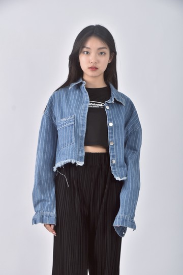 (XL) neon韓牌修身短版丹寧牛仔條紋藍色外套
