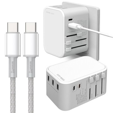 city萬用轉接頭急速充電器33w pd快充白+倍思100w高密編織c to c快充線-白100cm