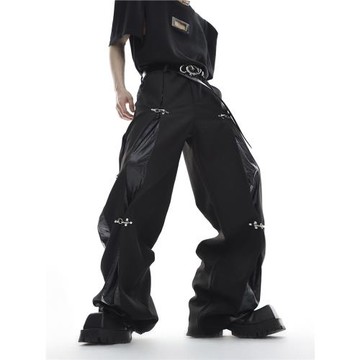 CulturE小眾解構金屬飛機扣西褲皮拼接設計感休閑直筒褲垂感長褲