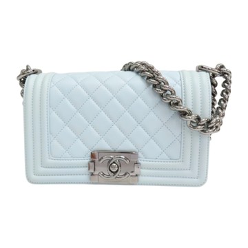 CHANEL 香奈兒 水藍色 菱格紋 羊皮 BOY20 鍊帶肩背包 銀釦 【二手名牌BRAND OFF】