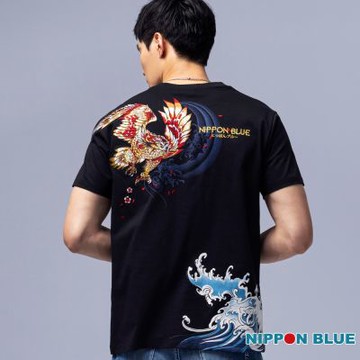 日本藍 BLUE WAY – 金標百福浪花鷹匠短TEE(黑)
