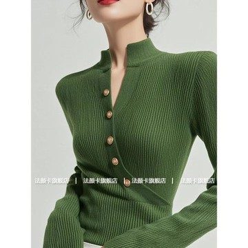2025新款秋季綠色針織打底衫女上衣設計感小眾高級感復古立領毛衣