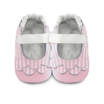 英國 shooshoos 安全無毒真皮手工鞋/學步鞋/嬰兒鞋_淡粉荷葉條紋(公司貨)