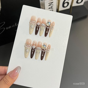 ➕純色美美噠💯純手工穿戴甲秋冬美拉德禦姐高級感氣質法式貓眼全華鑽球爆閃美甲純色穿戴甲 GPWA