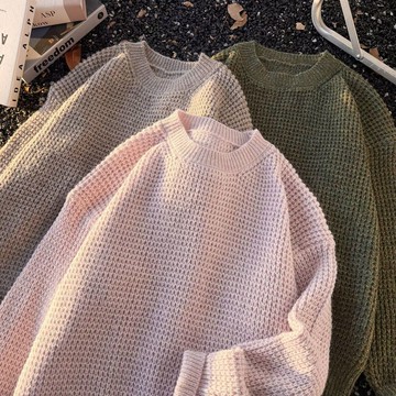 復古日系素色百搭圓領毛衣打底衫男 秋季寬鬆百搭針織上衣