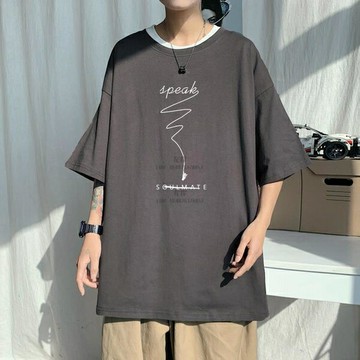 印花短袖T恤簡約字母男潮牌潮流ins加肥加大碼胖子夏季寬鬆五分袖【雲木雜貨】