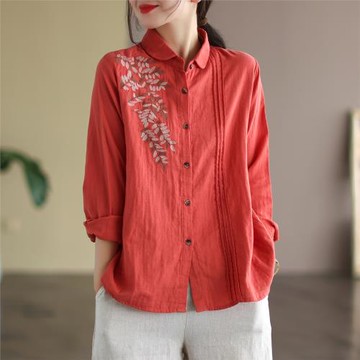 代勒文藝復古雙層棉紗純色長袖襯衫女士春季新款寬松刺繡減齡襯衣