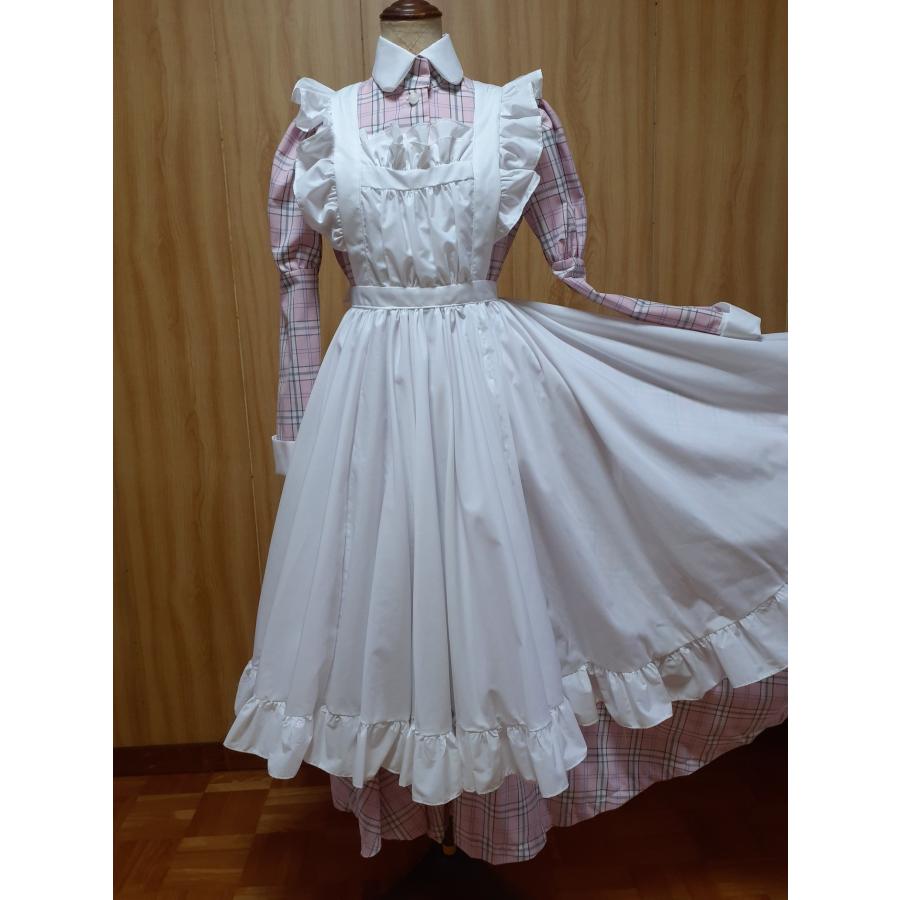 メイド服 ピンクタータンチェッククラシカルロングワンピース と白