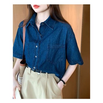 牛仔短袖襯衫女2025夏季新款寬松顯瘦設計感小眾襯衣百搭別致上衣