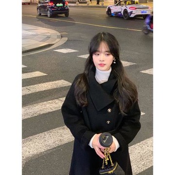 赫本風黑色毛呢外套女秋冬氣質韓系小個子設計感長款系帶呢子大衣