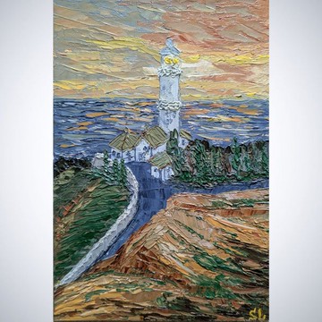 海邊的燈塔，山景布面油畫 8x12 英寸