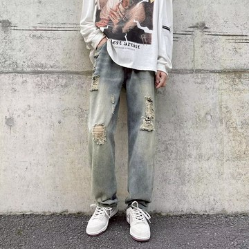 韓版丹寧牛仔褲 刷破牛仔褲 牛仔長褲 九分褲 刀割牛仔褲 破褲 直筒褲 牛仔褲 長褲男 男牛仔褲(WK528)【壹號站】