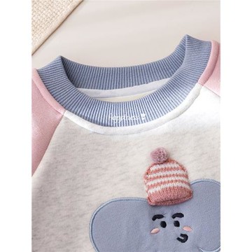 女童冬季加絨衛衣洋氣拼接撞色卡通貼布繡上衣寶寶冬裝加厚套頭衫