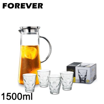 日本FOREVER 耐熱玻璃把手水壺1500ML附玻璃水杯四件組