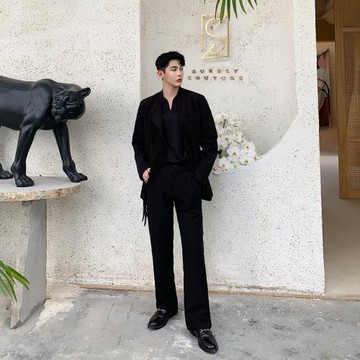 一款百搭的西裝褲男黑色氣質設計感寬松闊腿長褲休閑褲純色直筒褲