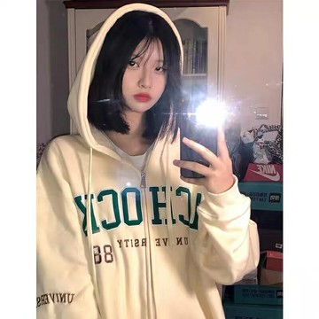 美式復古奶黃色連帽開衫衛衣女春秋寬松ins潮慵懶風oversize上衣