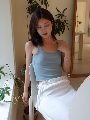 HALTER NECK RIBBED SLIT TOP-BLUE
