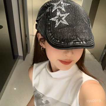 全網最殺價💯水洗做舊星星牛仔前進帽女春秋款日係複古反戴貝雷帽百搭報童帽子