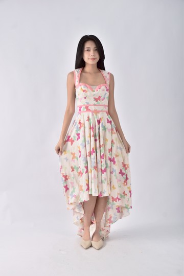 (S) nishe紡紗鑽扣前短後長黃色洋裝