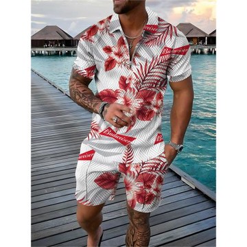 Flip neck zipper 3D printed shorts set翻領拉鏈3D印花短褲套裝