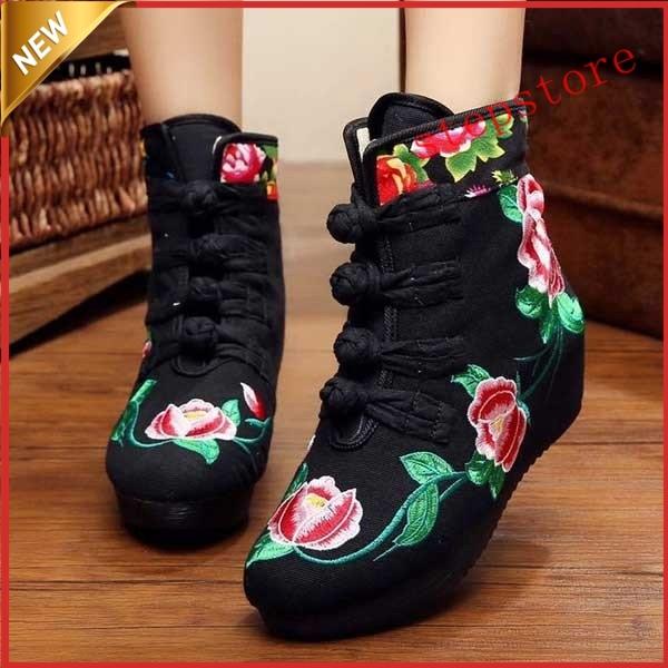 超格安価格 あちゃちゅむ 刺繍チャイナシューズ レースアップ フラット