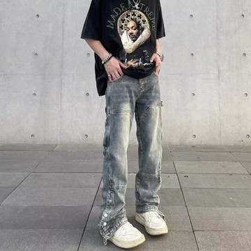 美式高街vibe風水洗做舊開叉排扣牛仔褲男ins潮直筒微喇堆積褲子