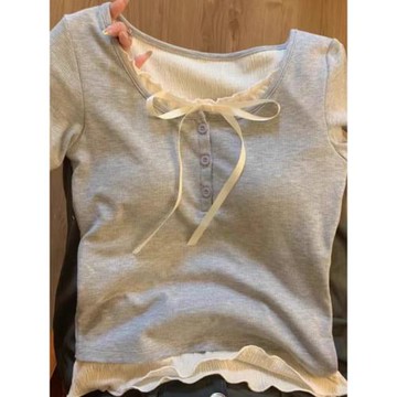 純欲風蝴蝶結假兩件短袖t恤女夏季帶胸墊內搭打底衫短款上衣潮