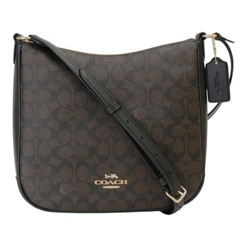 COACH-金馬車拚色防刮LOGO斜背包(咖x黑)