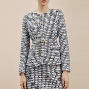 萊茵2024秋冬新款優雅圓領小香風粗花呢外套半身裙套裝