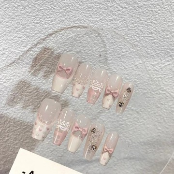 🎀台灣出貨🎀純手工春夏純欲風裸粉手繪蕾絲蝴蝶結甜美ins簡約顯白美甲穿戴甲