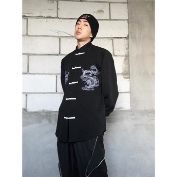 小眾設計新中式盤扣古風襯衫男國潮牌立領中國龍紋刺繡西裝小外套