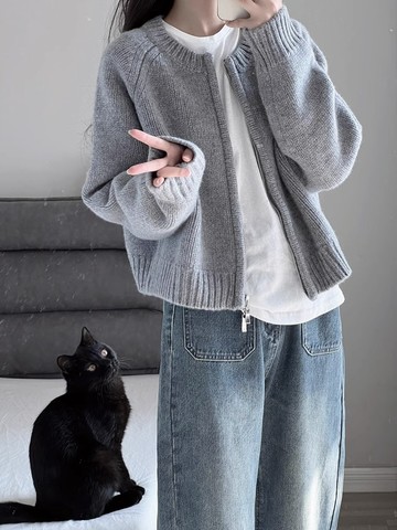 灰色短款毛衣外套女裝秋冬2023新款寬松加厚拉鏈開衫長袖針織上衣【雲木雜貨】