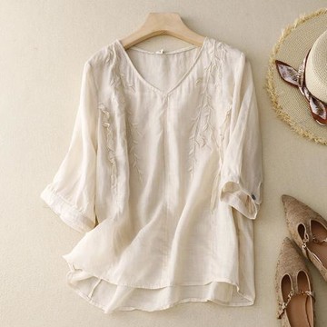 爆款棉麻短袖t恤女士夏季2025年新款潮遮肉v領小個子顯瘦體上衣