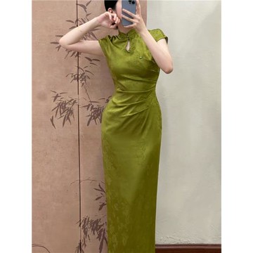 (免運)六六自制新中式緞面提花改良旗袍年輕顯瘦顯白開叉連衣裙女夏長裙