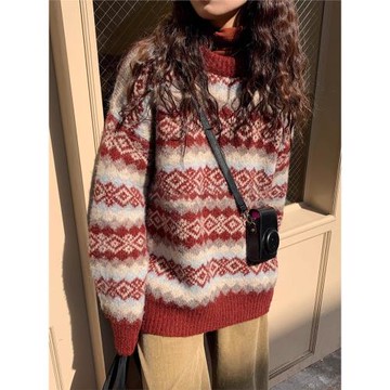 復古慵懶風紅色毛衣2024年新款女寬松針織衫外穿春秋日系洋氣爆款