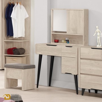 WAKUHOME 瓦酷家具 Wesley簡約木質調3尺化妝台(全組)(含椅)寬90X深40X高136(公分)