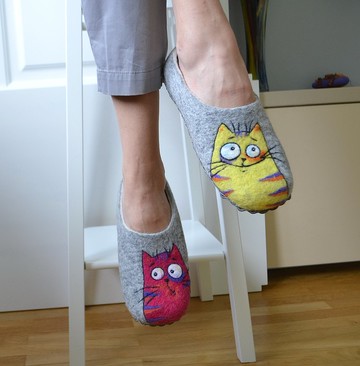 逗貓貓拖鞋女定制保暖家居鞋毛氈羊毛可愛家居拖鞋