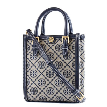 TORY BURCH 專櫃款 T MONOGRAM 緹花LOGO手提斜背小方包-藍色