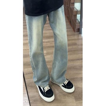 cleanfit復古藍彎刀牛仔褲男夏薄款青少年直筒褲子美式vibe微喇褲
