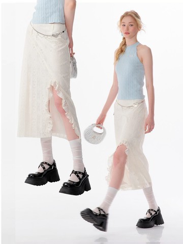 ziziFei夏美式高腰顯瘦設計感杏色荷葉邊蕾絲開叉中長款半身裙女