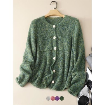 限定版25.8%桑蠶絲白廠真絲74.2%羊絨圓領針織毛衣開衫雙股夾花軟