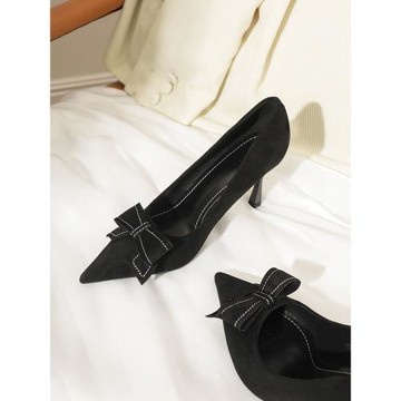 法式高跟鞋女春夏細跟氣質2024年新款蝴蝶結黑色職業通勤尖頭單鞋