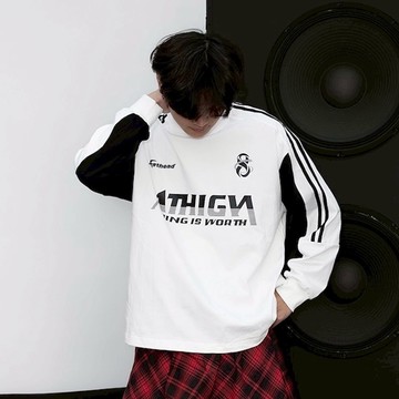 【AMERO】男裝 女裝  長袖圓領大學T 賽車風 拼接 情侶裝