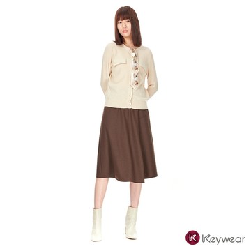 【KeyWear 奇威名品】淨色簡約優雅半身針織傘裙 深褐色