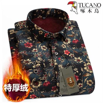 啄木鳥保暖襯衫男士中年加絨加厚格子長袖加大加肥冬季加棉男襯衣