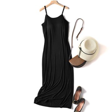 (免運)大碼胸墊吊帶長裙夏季新款一片式莫代爾睡裙加肥加大打底連衣裙黑