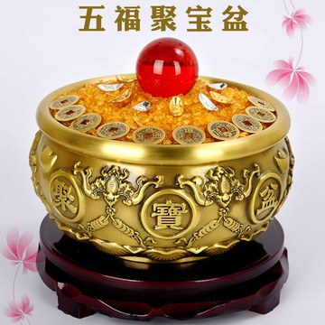 銅聚寶盆擺件招財五福雙龍聚財家用客廳店鋪裝飾工藝品開業禮品