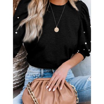 早春新款通勤百搭泡泡半袖上衣女 2026歐美時尚釘鉆圓領短袖T恤女