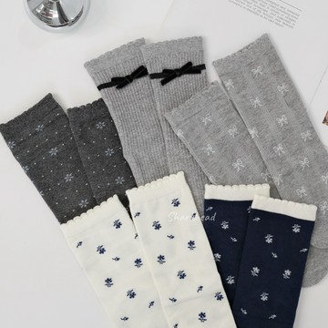 【Sharkhead】現貨 中筒襪 蝴蝶結 小碎花 捲邊 灰色 淺灰 深灰 深藍 米白 奶油 滿版 荷葉邊 襪子 公主風